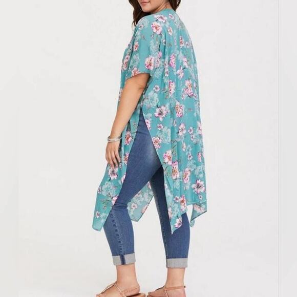 Torrid teal‎ and pink floral tropical Gauze Duster Kimono plus size 3 4 3X 4X - Picture 2 of 12